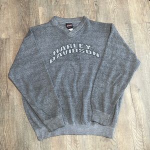 Vintage Harley-Davidson Embroidered Grey Pullover V-Neck Sweatshirt